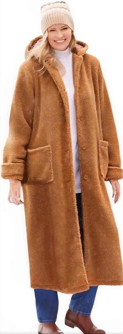 Woman Within 3X Long Hooded Berber Fleece Coat Maxi Length Teddy Sherpa Jacket